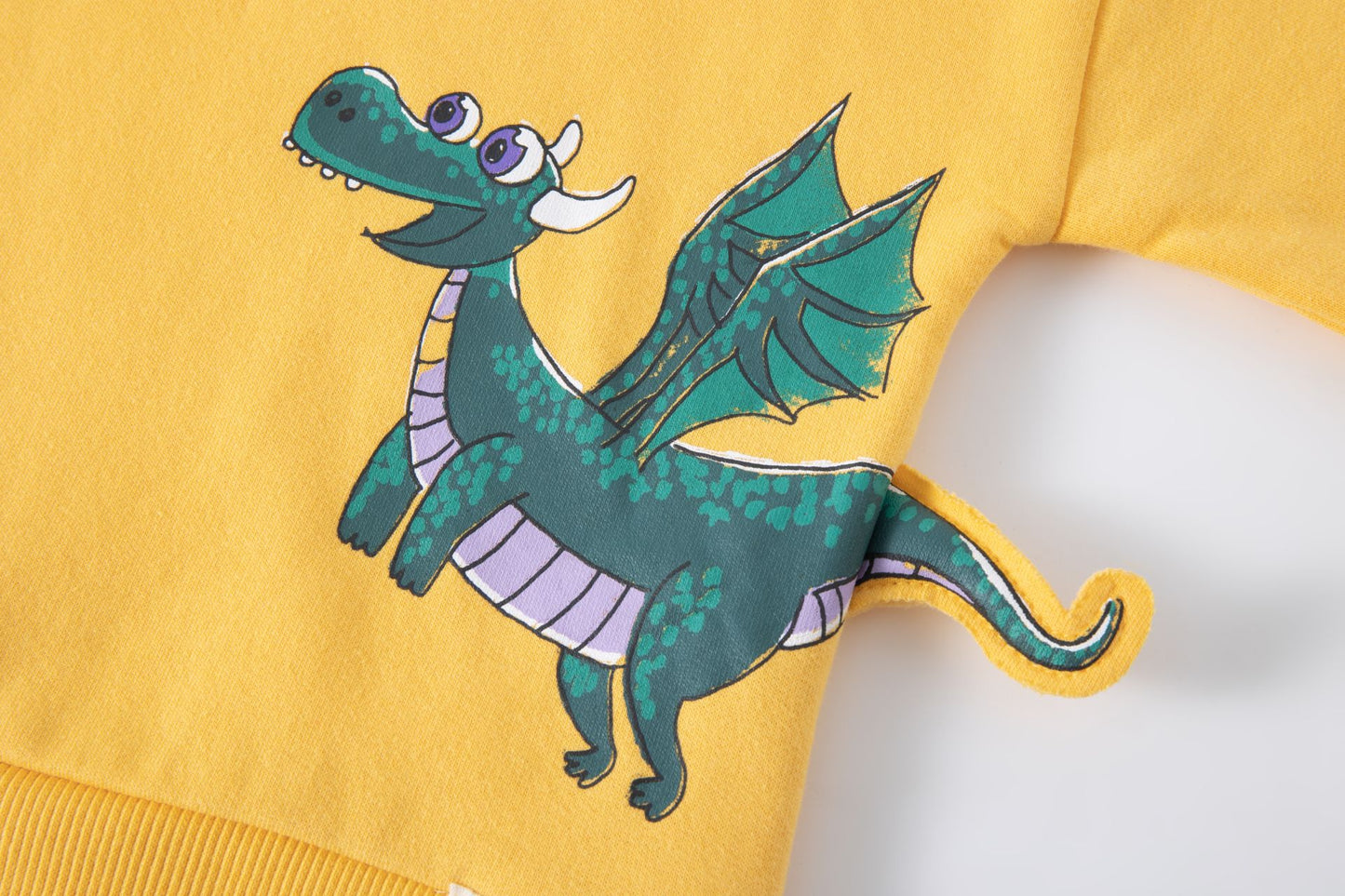 Sudadera de bebe niño, cuello caja y hombros caídos. Felpa perchada. Gráfico imitando bolsillo frontal y de dragón estampado al agua, con cola en 3D. Etiqueta decorativa. Abertura de corchetes en hombro.