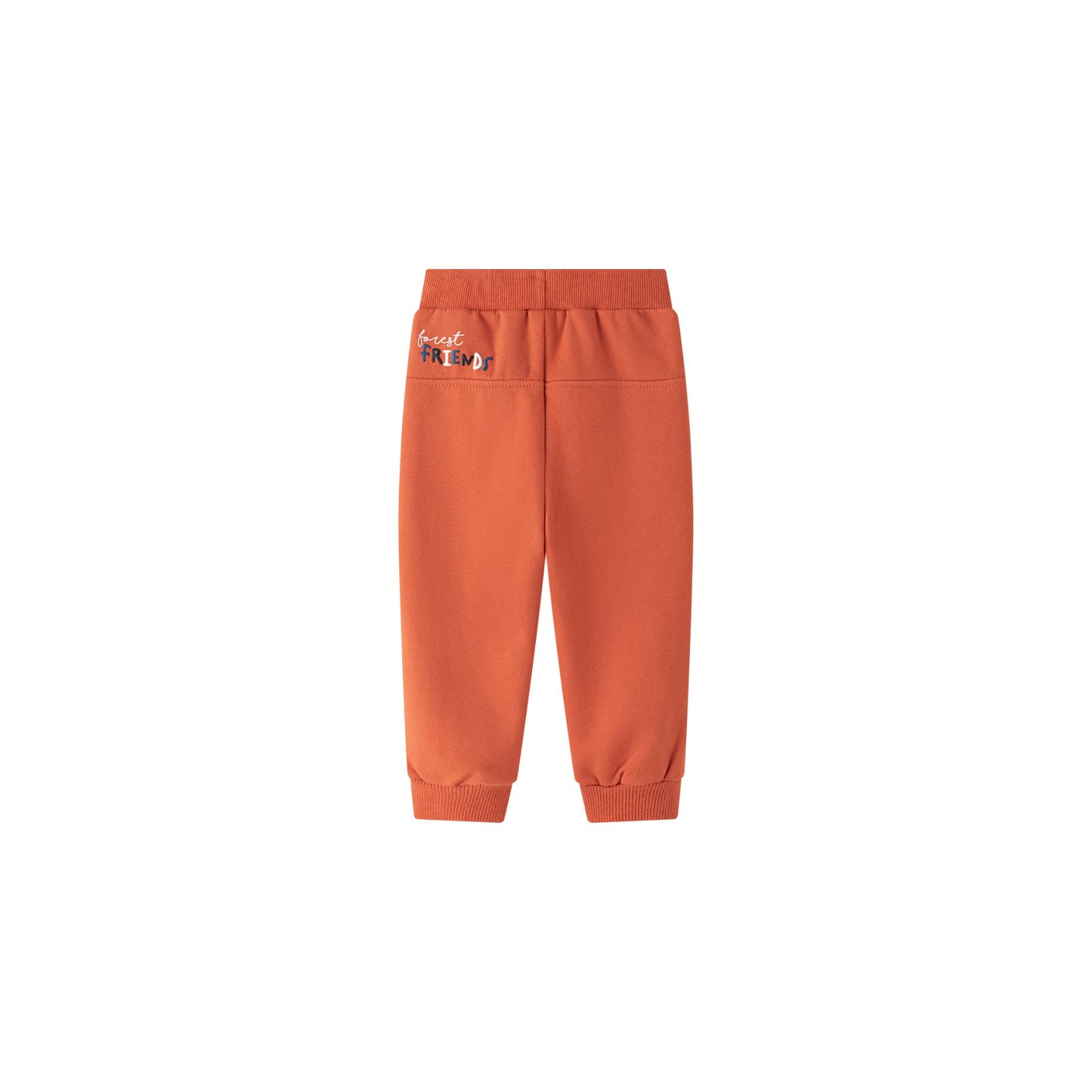 Pantalón deportivo bebe niño, de felpa perchada, con bolsillos laterales y canesú trasero. Gráfico de texto en el canesú estampado al agua y detalles en relieve. Gráfico de cara zorrito en la rodilla estampado al agua y detalles en relieve.