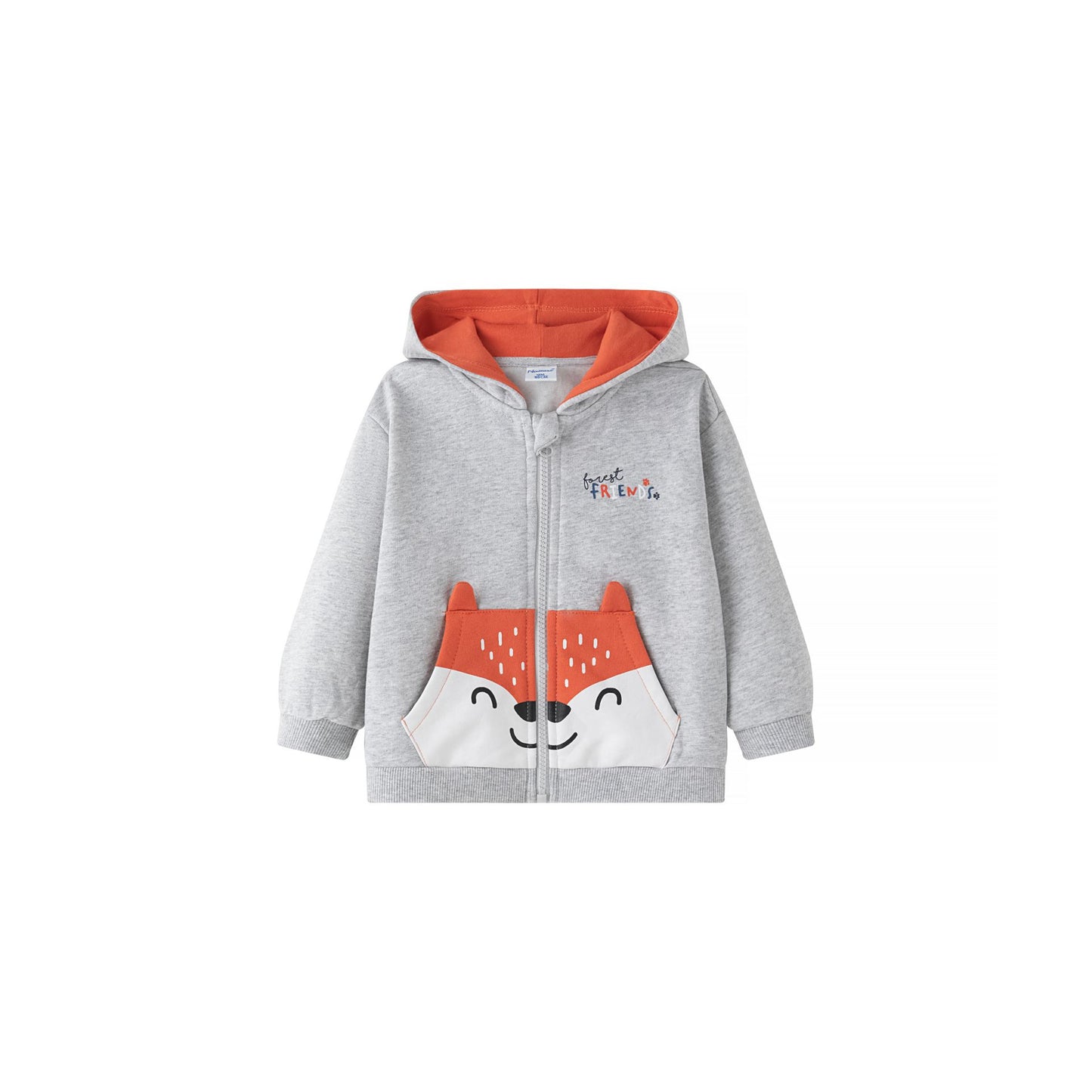 Sudadera de bebe niño abierta con cremallera y capucha. Felpa perchada. Bolsillo canguro frontal con color a contraste, orejas en 3D y con gráfico de de cara de oso. Gráfico de texto en el pecho estampado de relieve.
