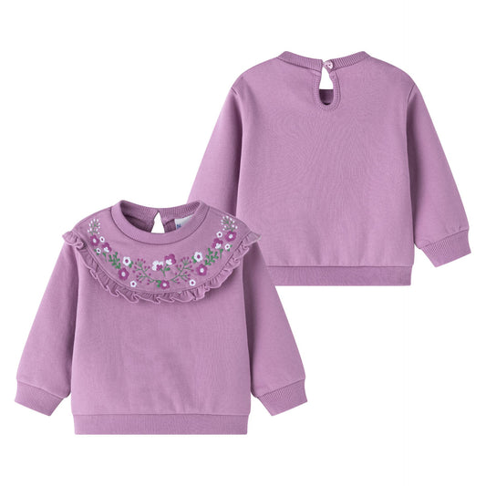 👶💜 Sudadera bebé niña afelpada con volante y flores bordadas | Morado 6-24M - BGI65511