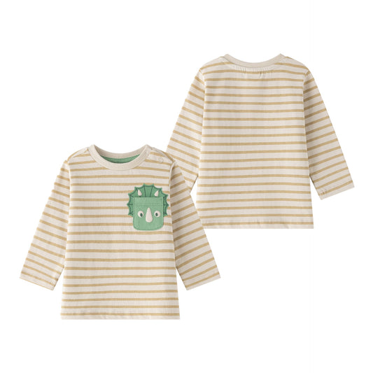 👶👕 Camiseta de rayas camel bebé niño | Bolsillo dino verde 🌿 | 6-24M -BBI65005
