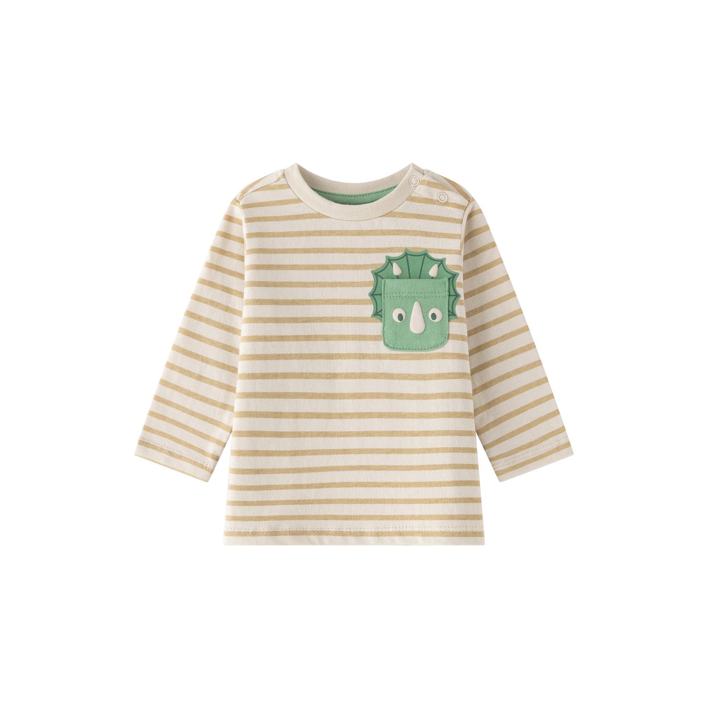 👶👕 Camiseta de rayas camel bebé niño | Bolsillo dino verde 🌿 | 6-24M -BBI65005