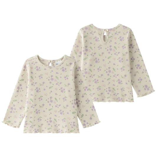 👶🌼 Camiseta bebé niña manga larga canalé con volantes y flores | Crudo 6-24M - BGI65516