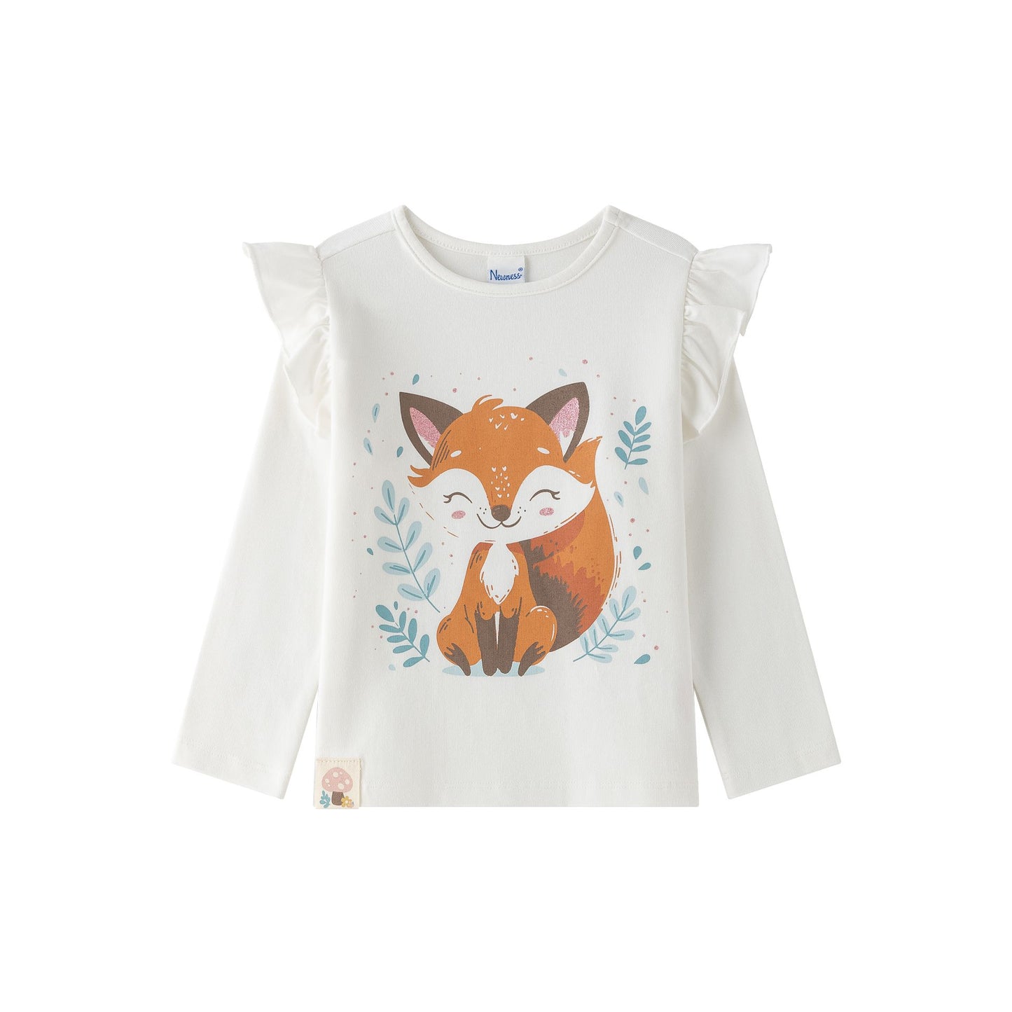 Camiseta Manga Larga Niña – Volantes en Hombros y Zorrito Feliz (2-6 años) 🦊✨