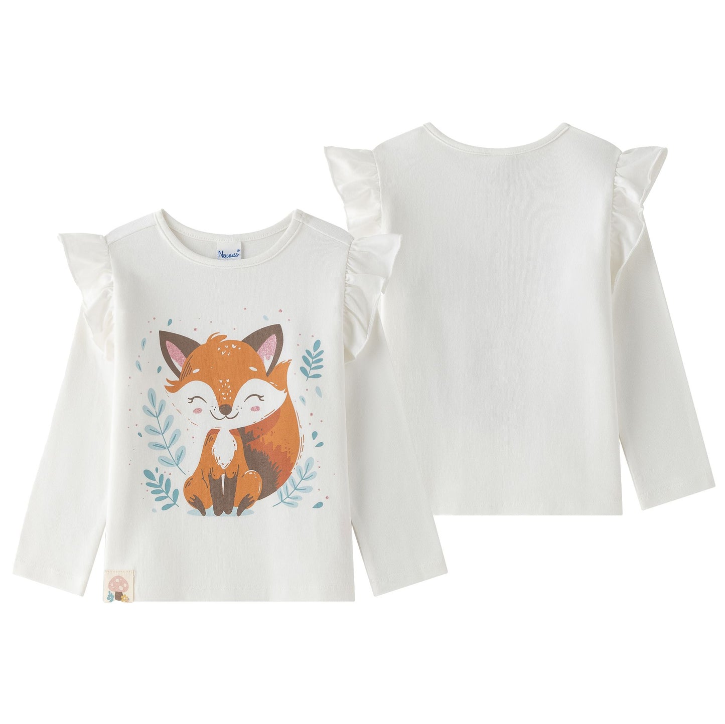 Camiseta Manga Larga Niña – Volantes en Hombros y Zorrito Feliz (2-6 años) 🦊✨
