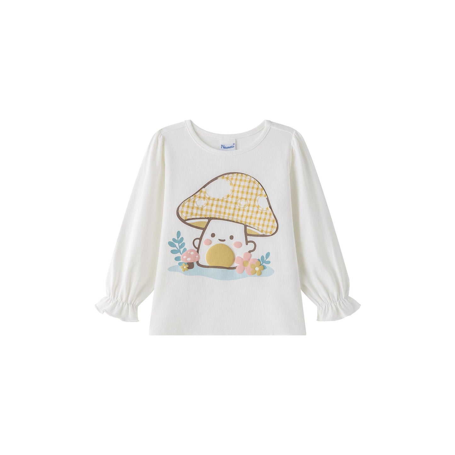 Camiseta Manga Larga Niña – Puños Elásticos y Parche de Cuadros (2-6 años) 🍄✨