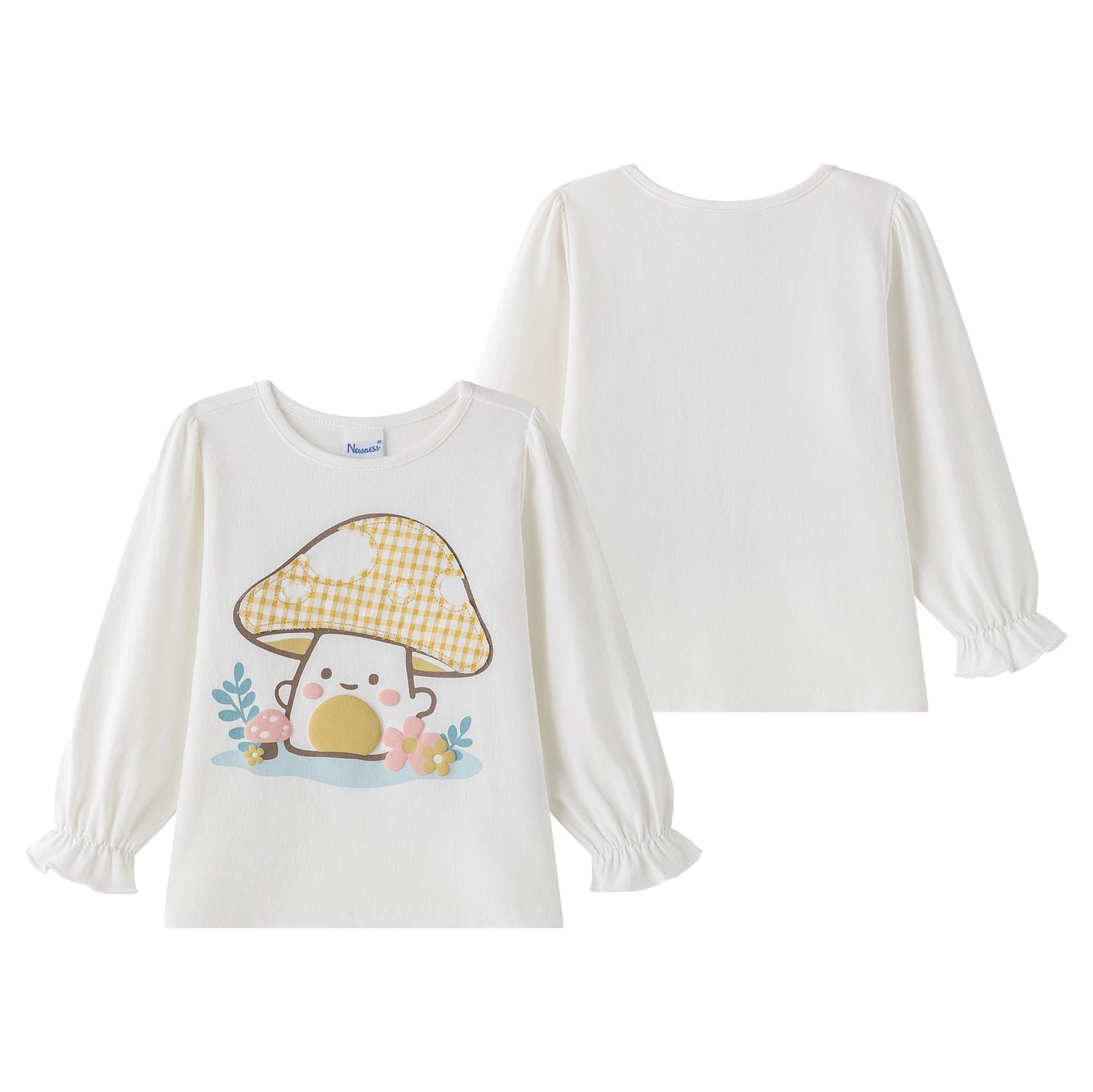 Camiseta Manga Larga Niña – Puños Elásticos y Parche de Cuadros (2-6 años) 🍄✨