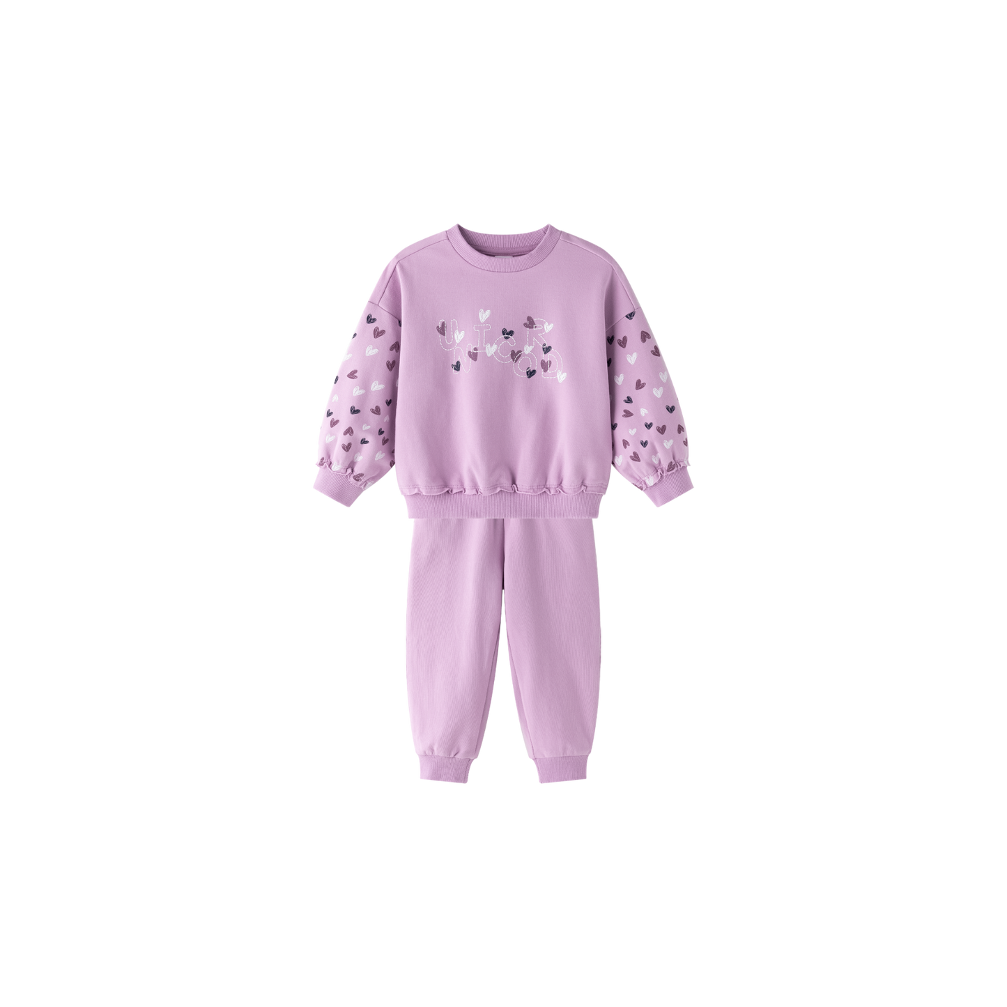 Conjunto niña sudadera y pantalón morado con apliqué de corazones | 2-6 años