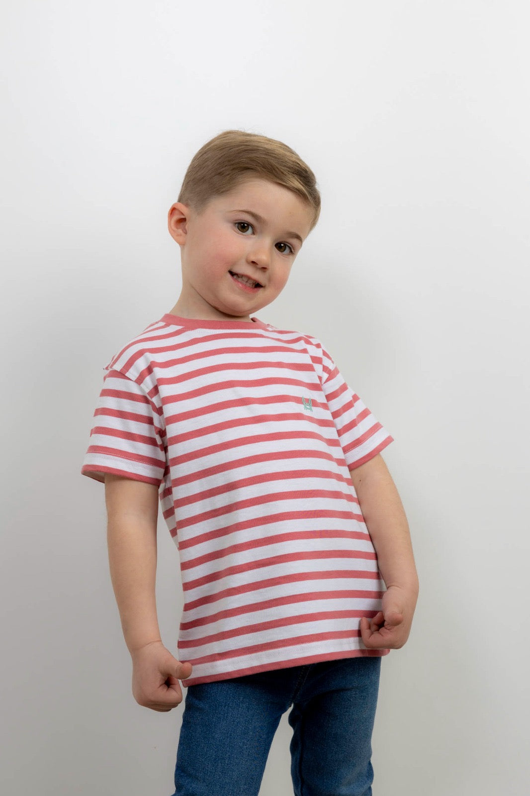 Camiseta rayas coral y blanco para papá e hijo tallas Custi Mikelo tallas 4-14 y S-2Xl