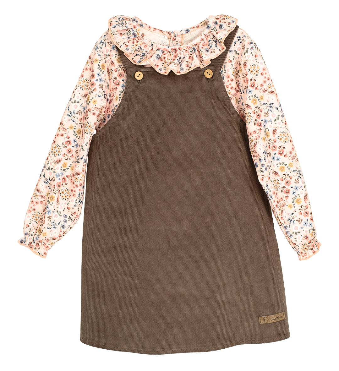 Conjunto Pichi Poniente niña Calamaro | 3-6 años | 100% algodón | Camisa con volante y pichi marrón
