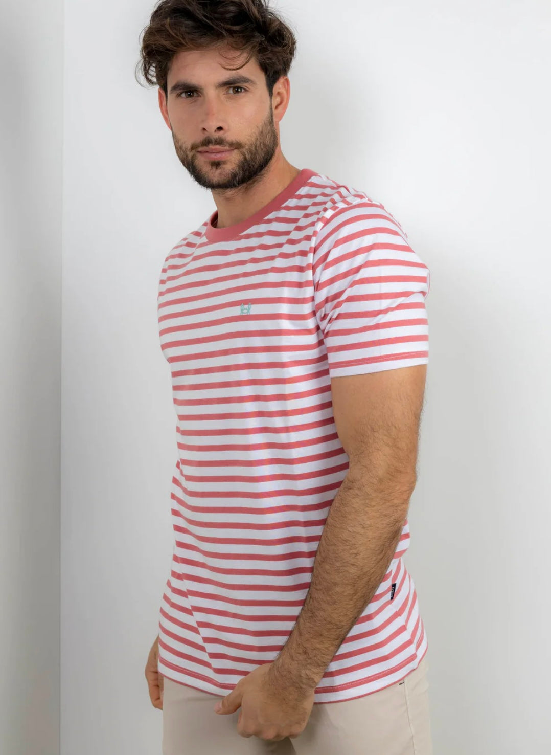 Camiseta rayas coral y blanco para papá e hijo tallas Custi Mikelo tallas 4-14 y S-2Xl