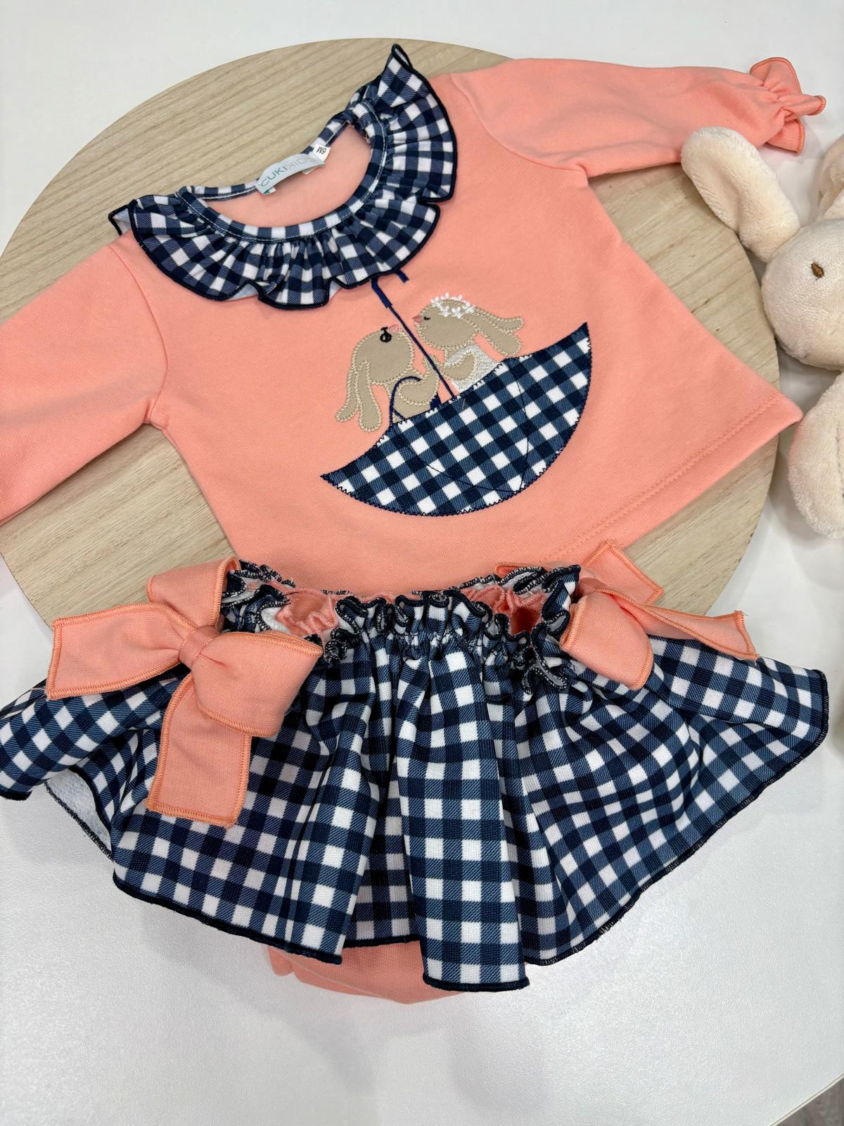 Conjunto bebé niña conejitos sudadera coral y braguita con volante cuadros | 6-48 meses