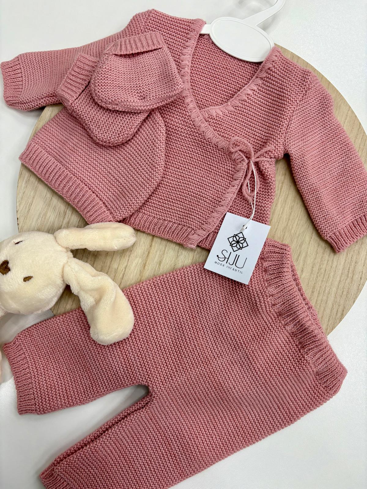 Conjunto 4 Piezas Bebé Recién Nacido Rosa Empolvado | Lazo Lateral y Cuello Pico