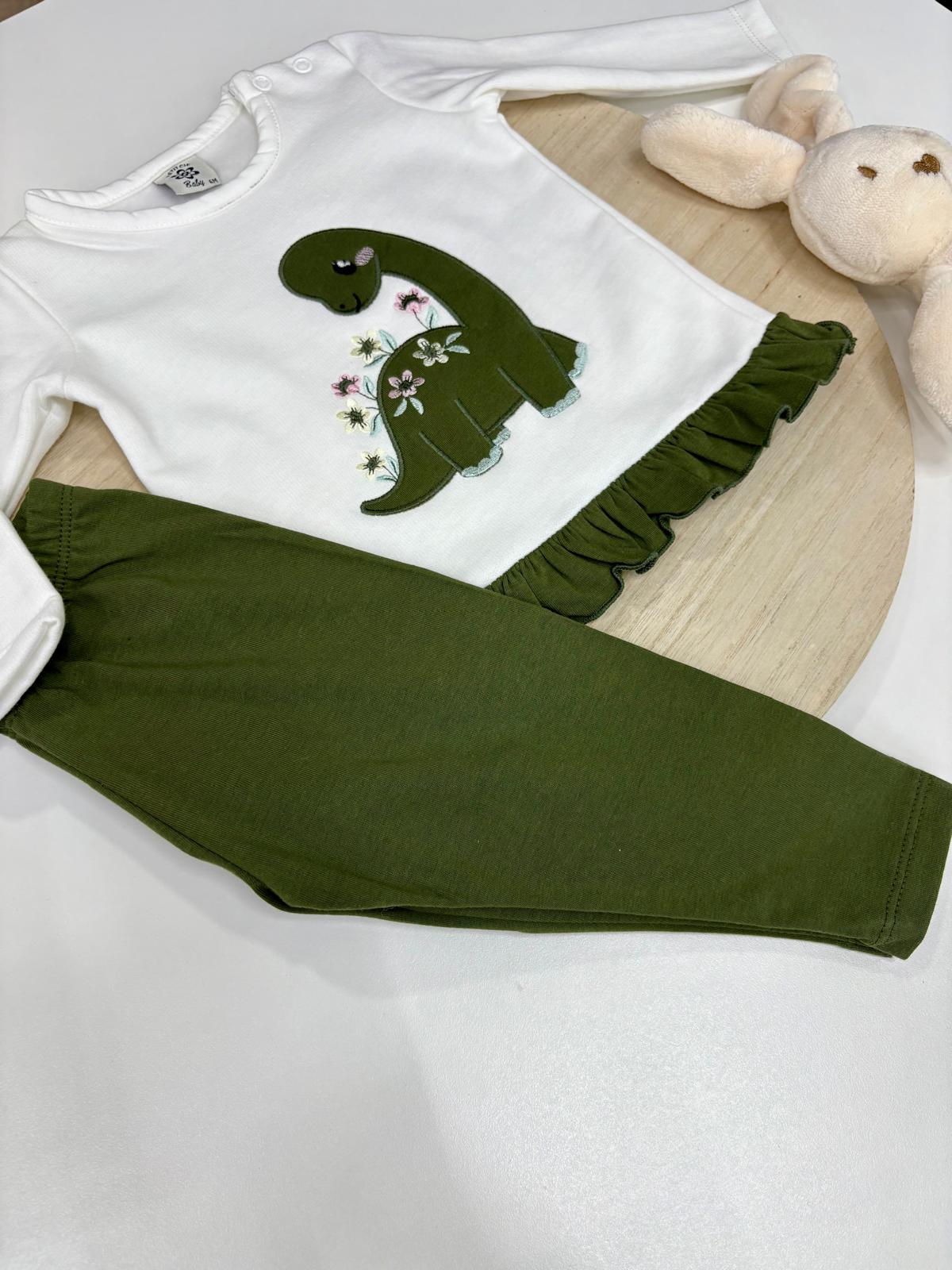 Conjunto bebé niña camiseta blanca dinosaurio y leggins verdes – 6-48 meses