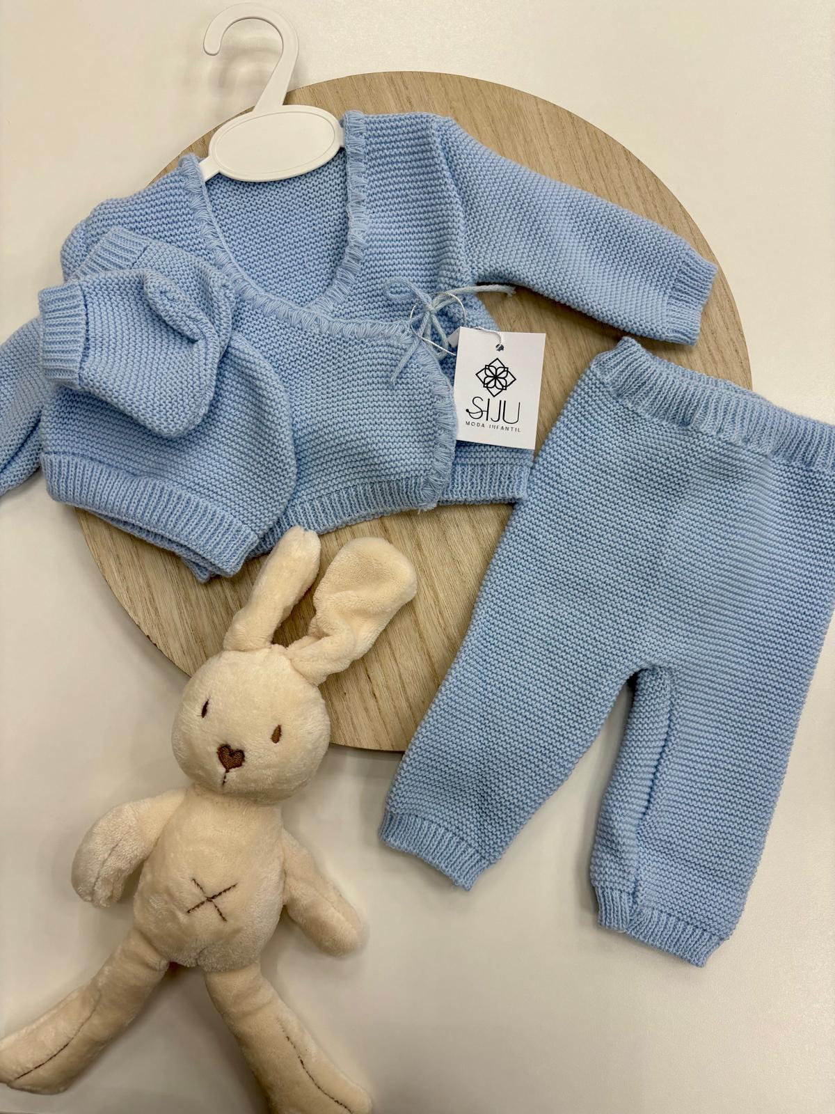 Conjunto 4 Piezas Bebé Recién Nacido Azul | Lazo Lateral y Cuello Pico