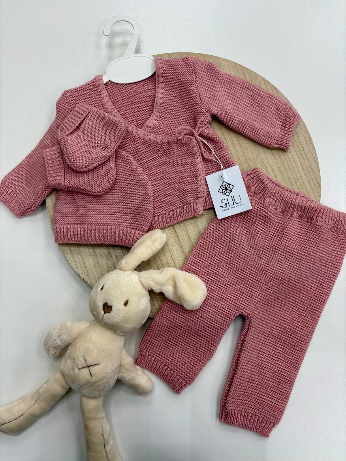 Conjunto 4 Piezas Bebé Recién Nacido Rosa Empolvado | Lazo Lateral y Cuello Pico