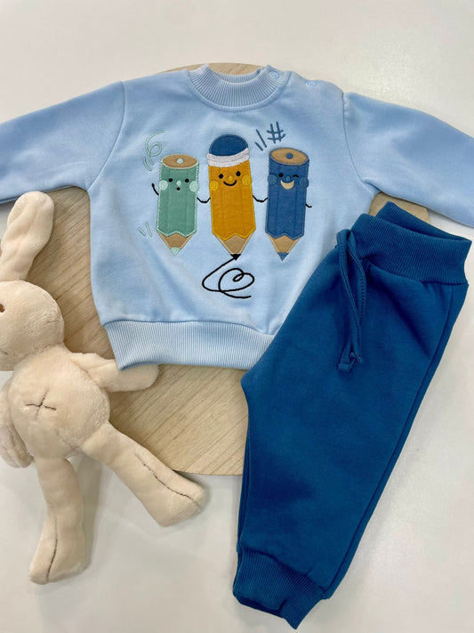Chándal bebé niño celeste con dibujo de lápices y forro suave | 6-48M