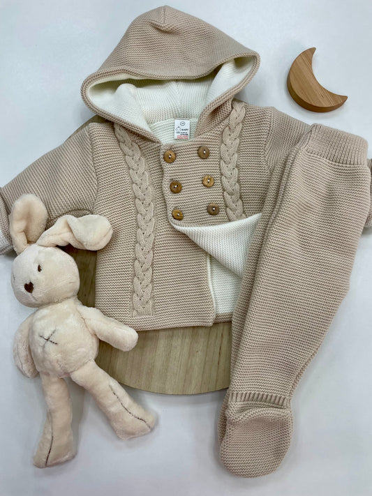 Conjunto Chaqueta y Polaina de Lana para Bebé – Color Arena con Capucha (3-12 meses) 🤎🍼