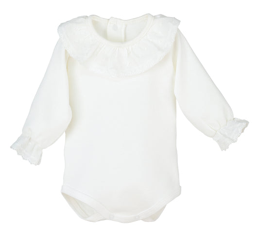 Body bebé Plumetilla Man 🤍 cuello volante con puntilla blanco | Calamaro | 100% algodón | Tallas 1-24M