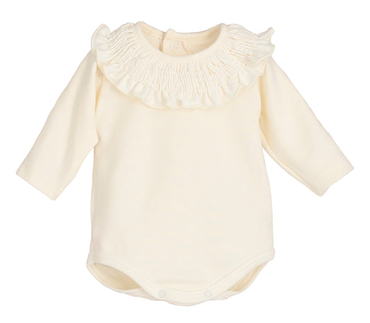 Body bebé Titán Gom 🤍 cuello volante con filito crudo | Calamaro | 95% algodón | Tallas 1-24M