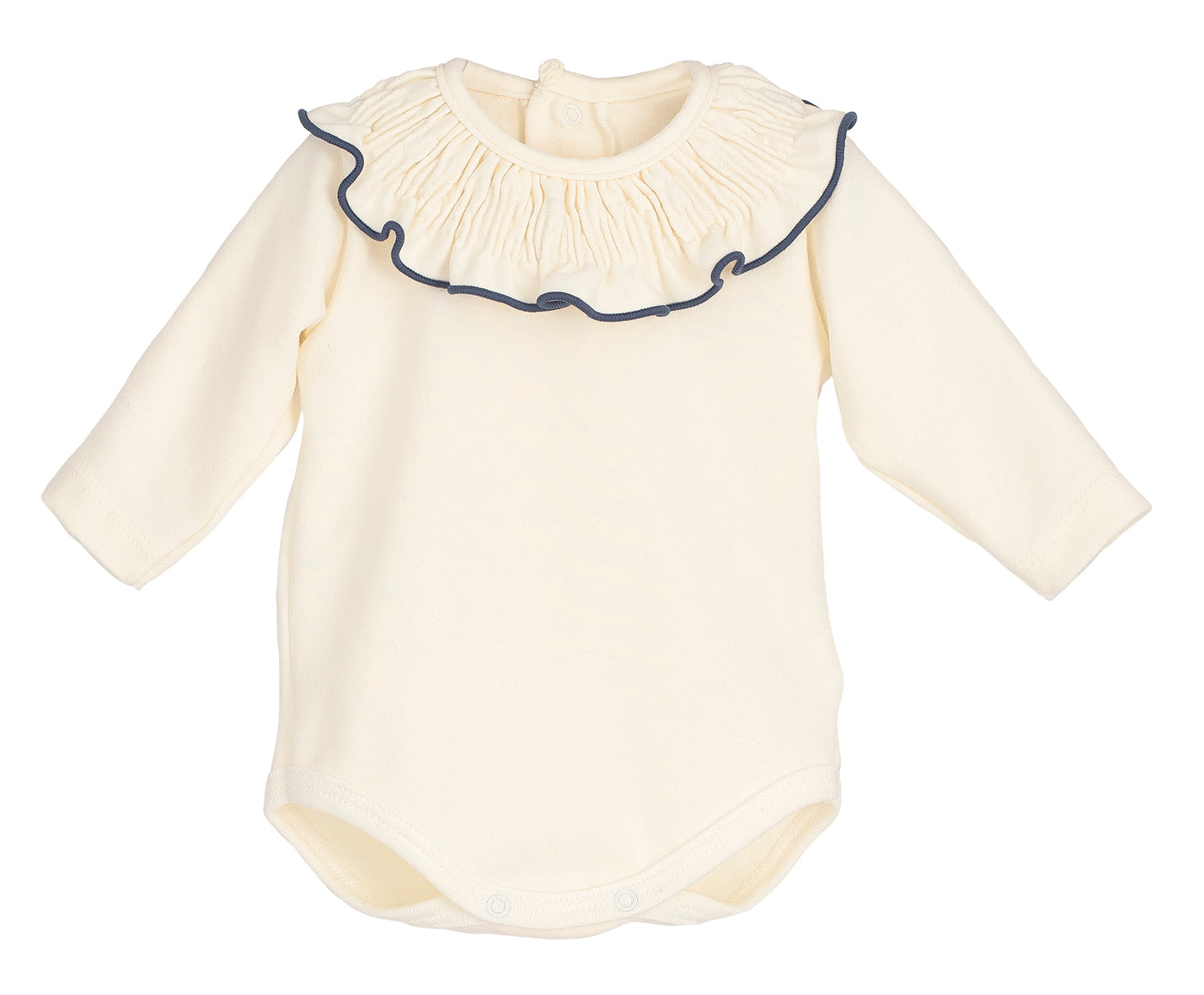 Body bebé Titán Gom 🤍 cuello volante con filito azul | Calamaro | 95% algodón | Tallas 1-24M