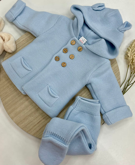 Conjunto Chaqueta y Polaina de Lana para Bebé – Celeste con Capucha y Orejitas (3-12 meses) 🐻💙