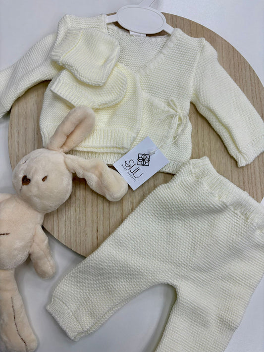 Conjunto 4 Piezas Bebé Recién Nacido Marfil | Lazo Lateral y Cuello Pico