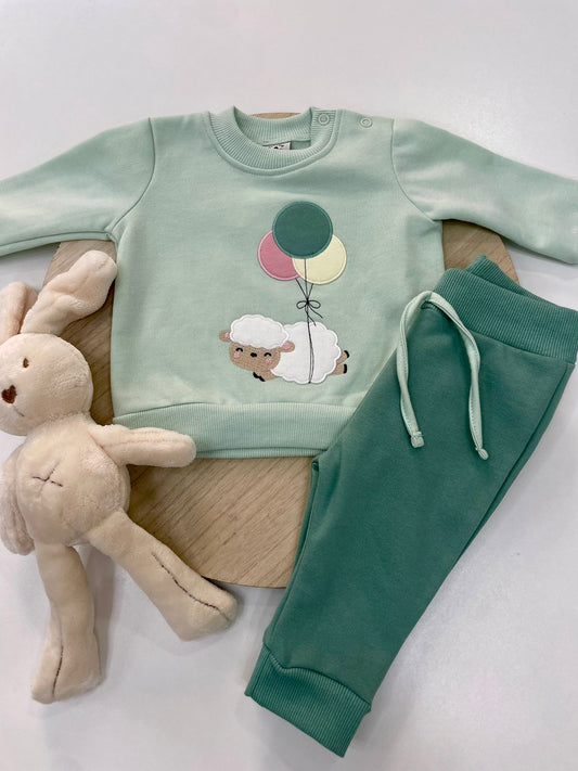 Chándal bebé tonos verdes con dibujo de ovejitas 🐑 interior calentito | 6-48M