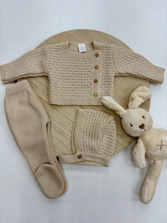 Conjunto primera puesta bebé 3 piezas crudo con polaina, chaqueta y capota – 0 a 6 meses