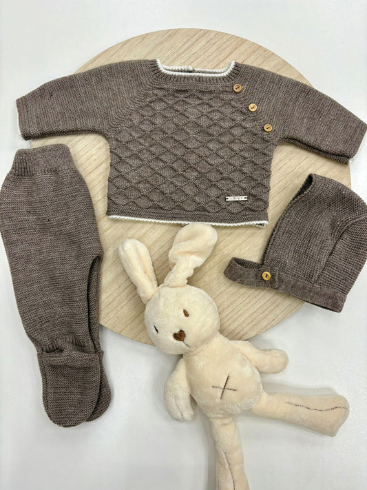 Conjunto primera puesta bebé 3 piezas topo con capota y botones laterales – 00 prematuro a 6 meses