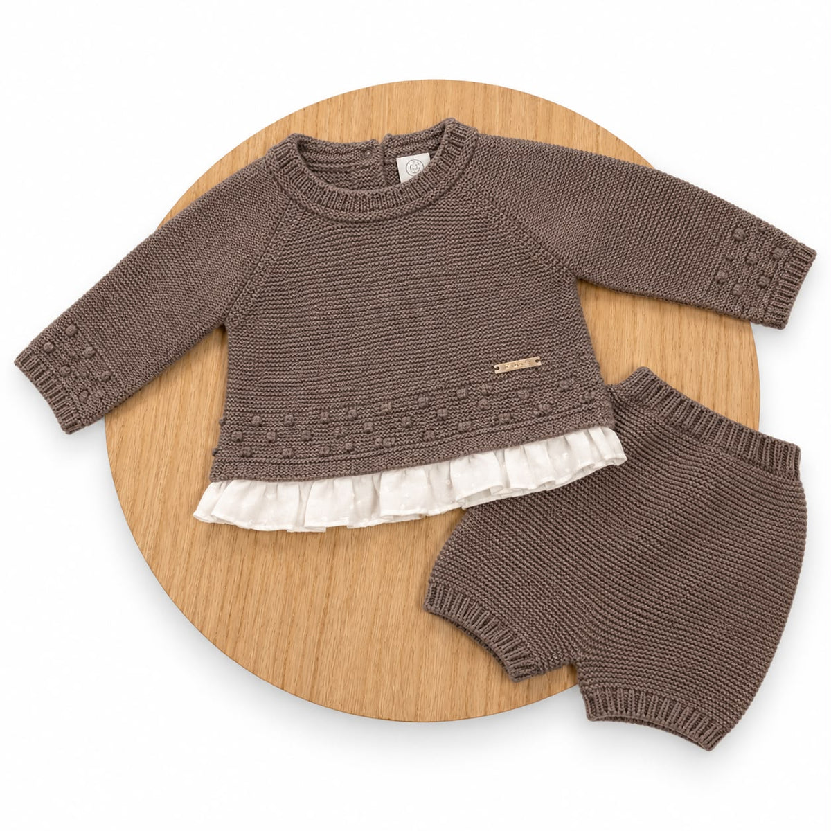 Conjunto de Lana Chocolate con Jersey de Puntilla y Cubrepañal para Bebé | 1 a 24 Meses