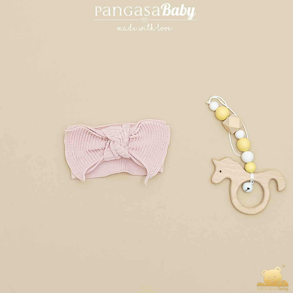Diadema Bebé Rosa empolvado de Punto con Lazo Pangasa 100% Algodón – Colección Verano