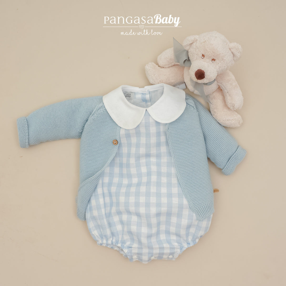 Pelele bebé todo tela cuadros azul Pangasa Baby | 100% algodón | 0 a 12 meses