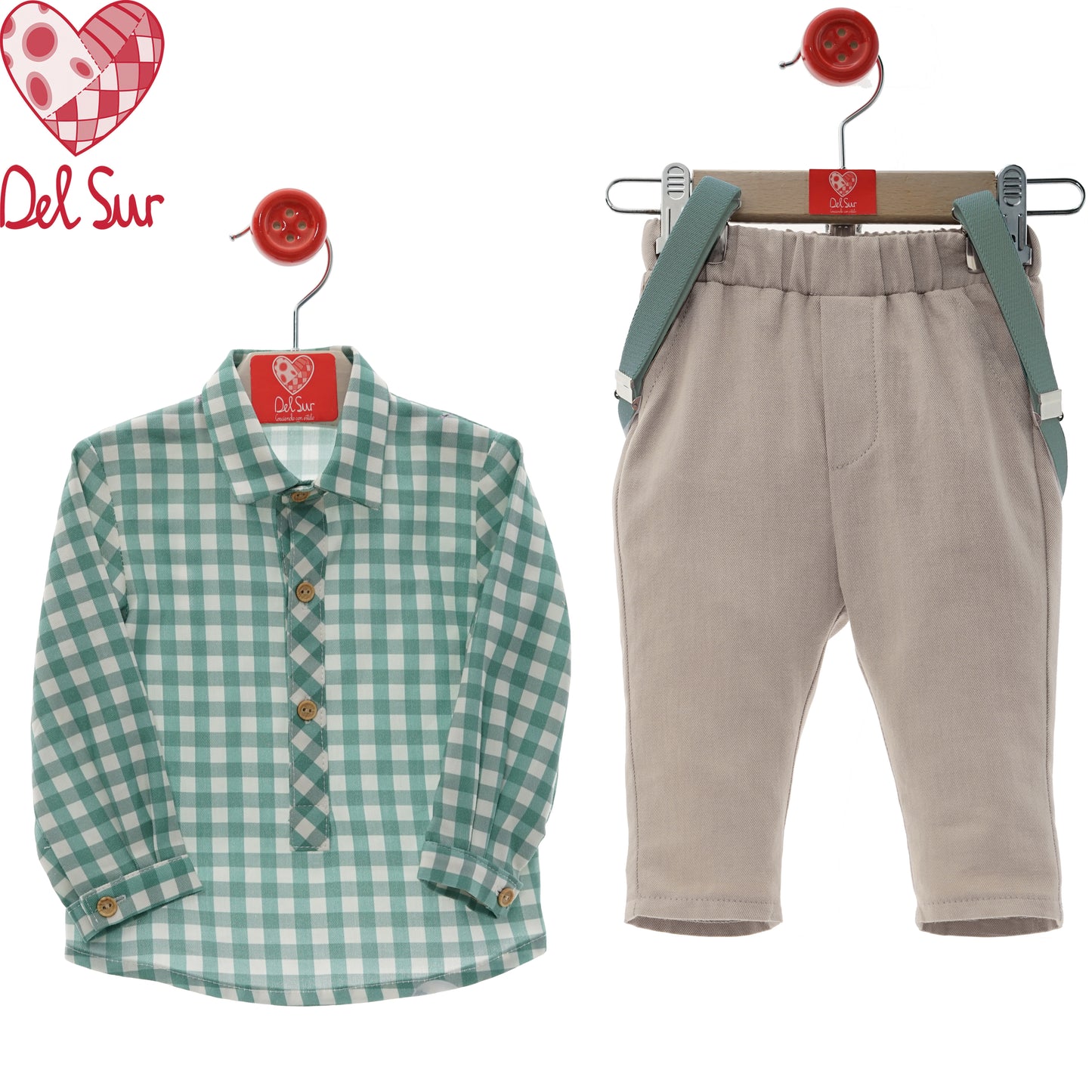 Conjunto bebé niño con tirantes familia botones | Camisa + pantalón largo | Del Sur 6-48 meses 👔🩵