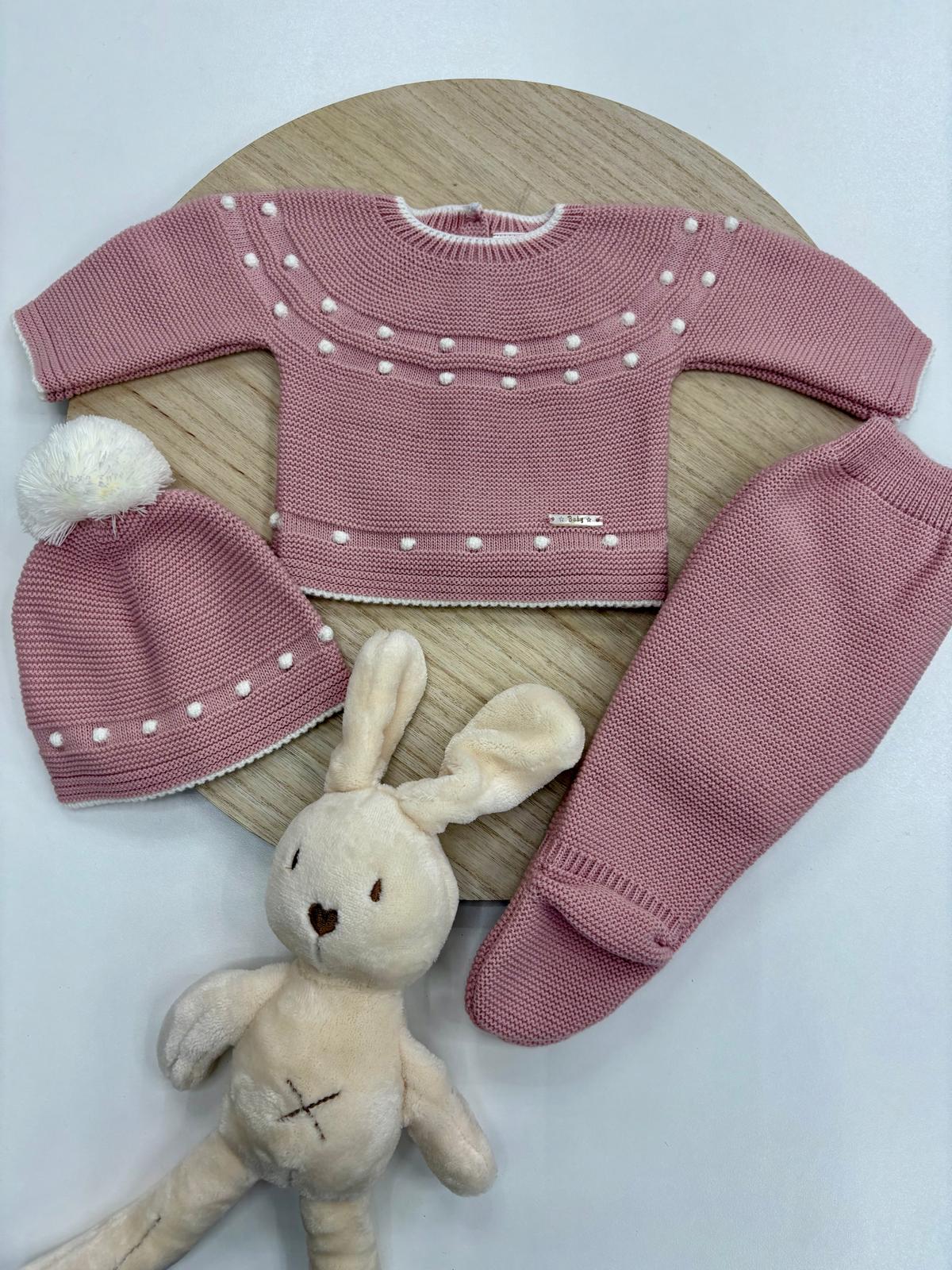 Conjunto primera puesta bebé rosa empolvado con topitos marfil
