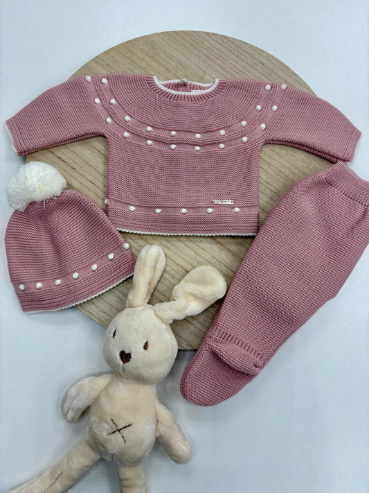 Conjunto primera puesta bebé rosa empolvado con topitos marfil