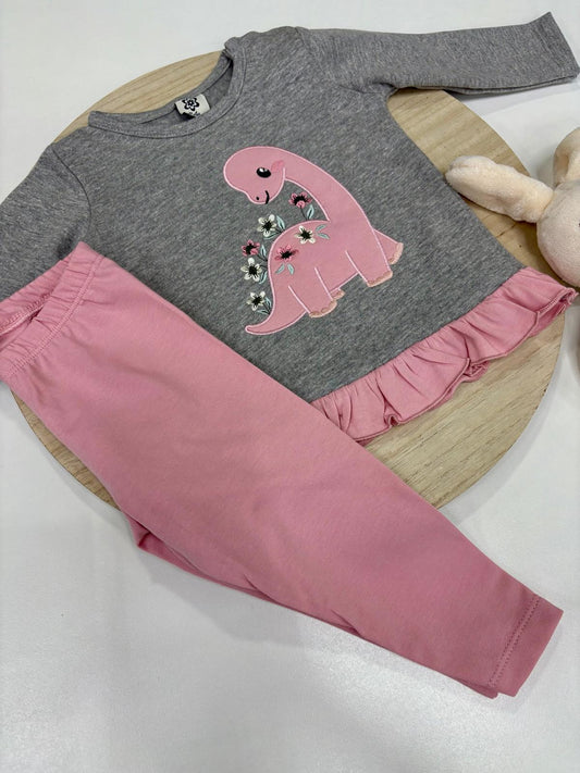 Chándal bebé niña rosa con dinosaurio – 2 piezas camiseta y leggins | 6-48 meses
