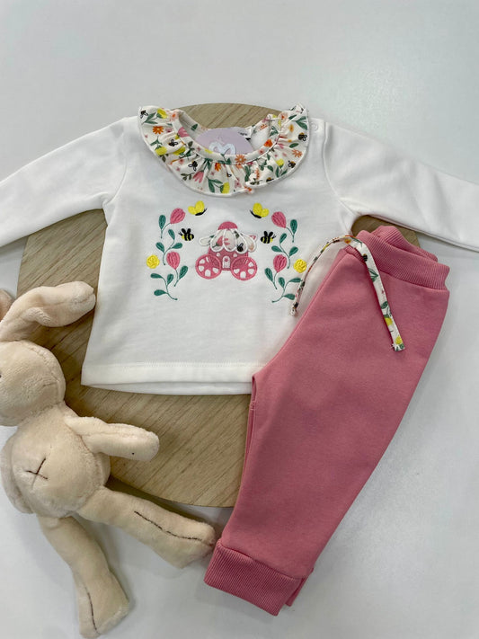 Chándal bebé niña blanca y rosa con carroza 👑 | 6-48M