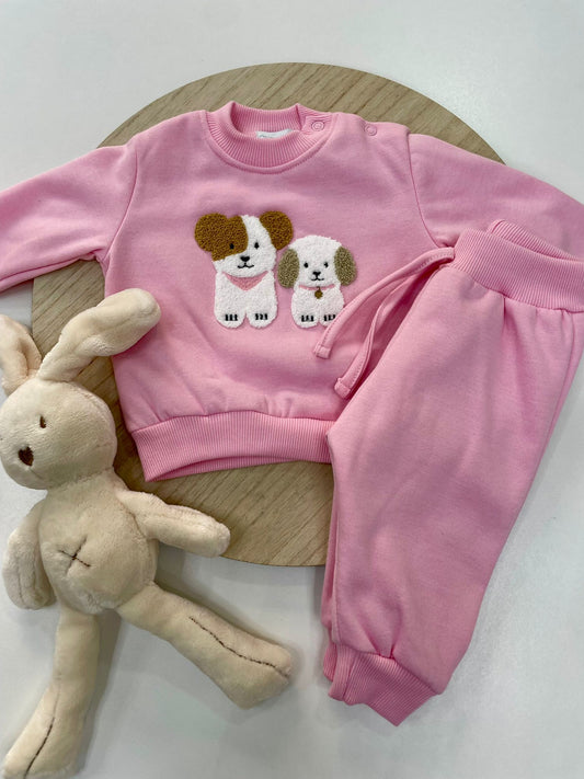 Chándal bebé niña rosa con dibujo de perritos y forro interior suave | 6-48M