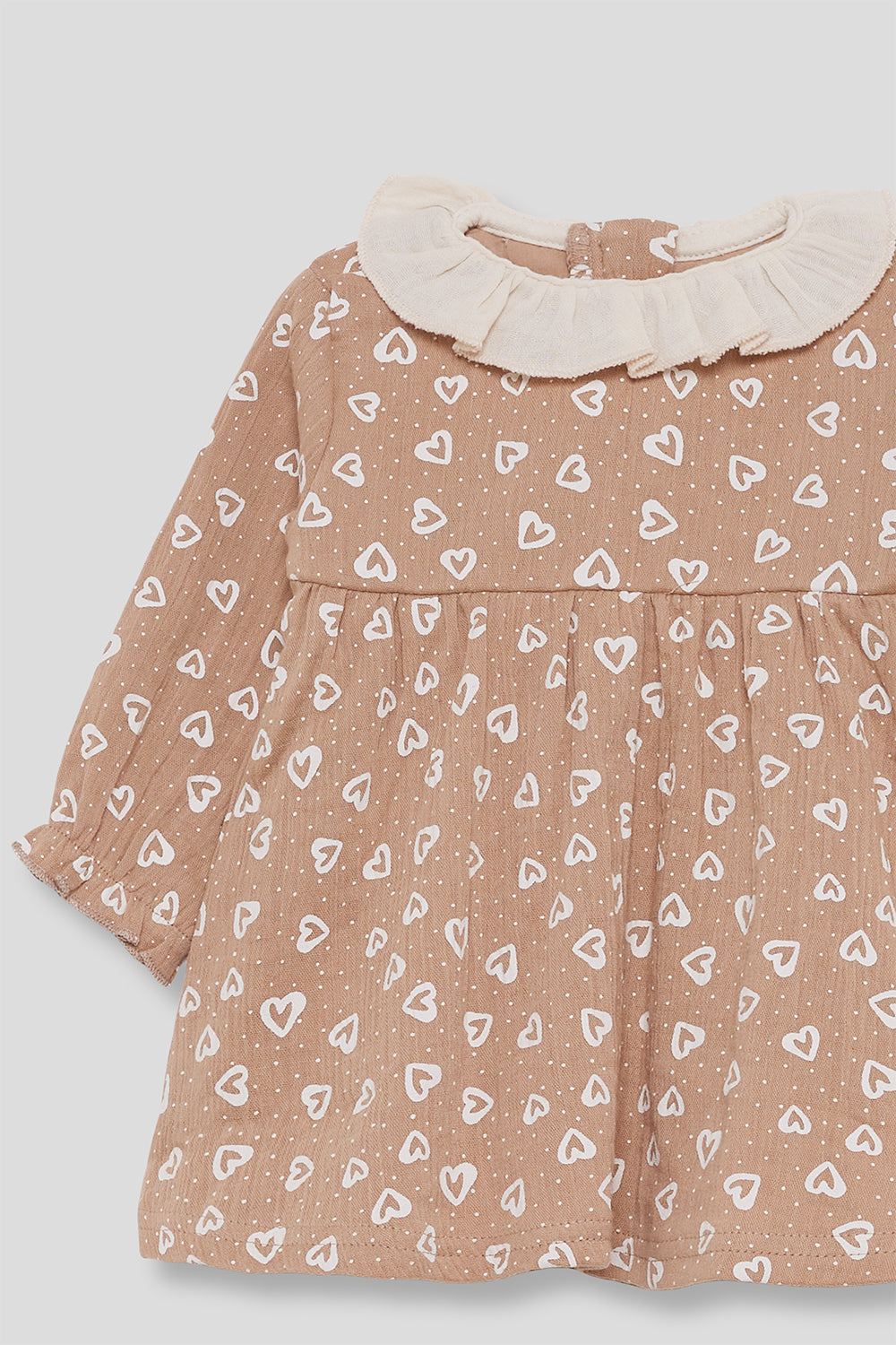 Vestido Bebé Niña Marrón con Estampado de Corazones y Cuello Volante Street Monkey | 1-24 Meses | Siju