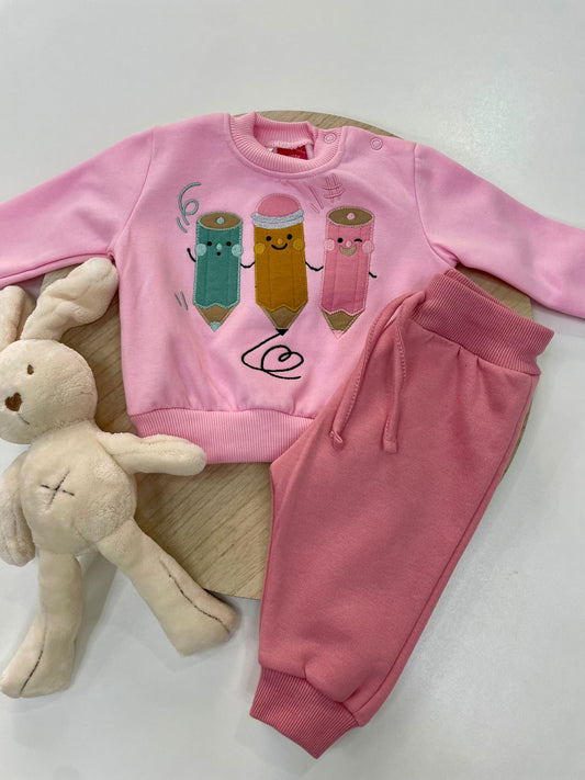 Chándal bebé niña rosa con dibujo de lápices y forro interior suave | 6-48M