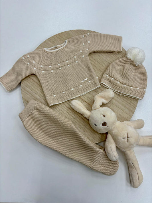 Conjunto primera puesta bebé 3 piezas crudo con topitos y pompón marfil – 0 a 6 meses