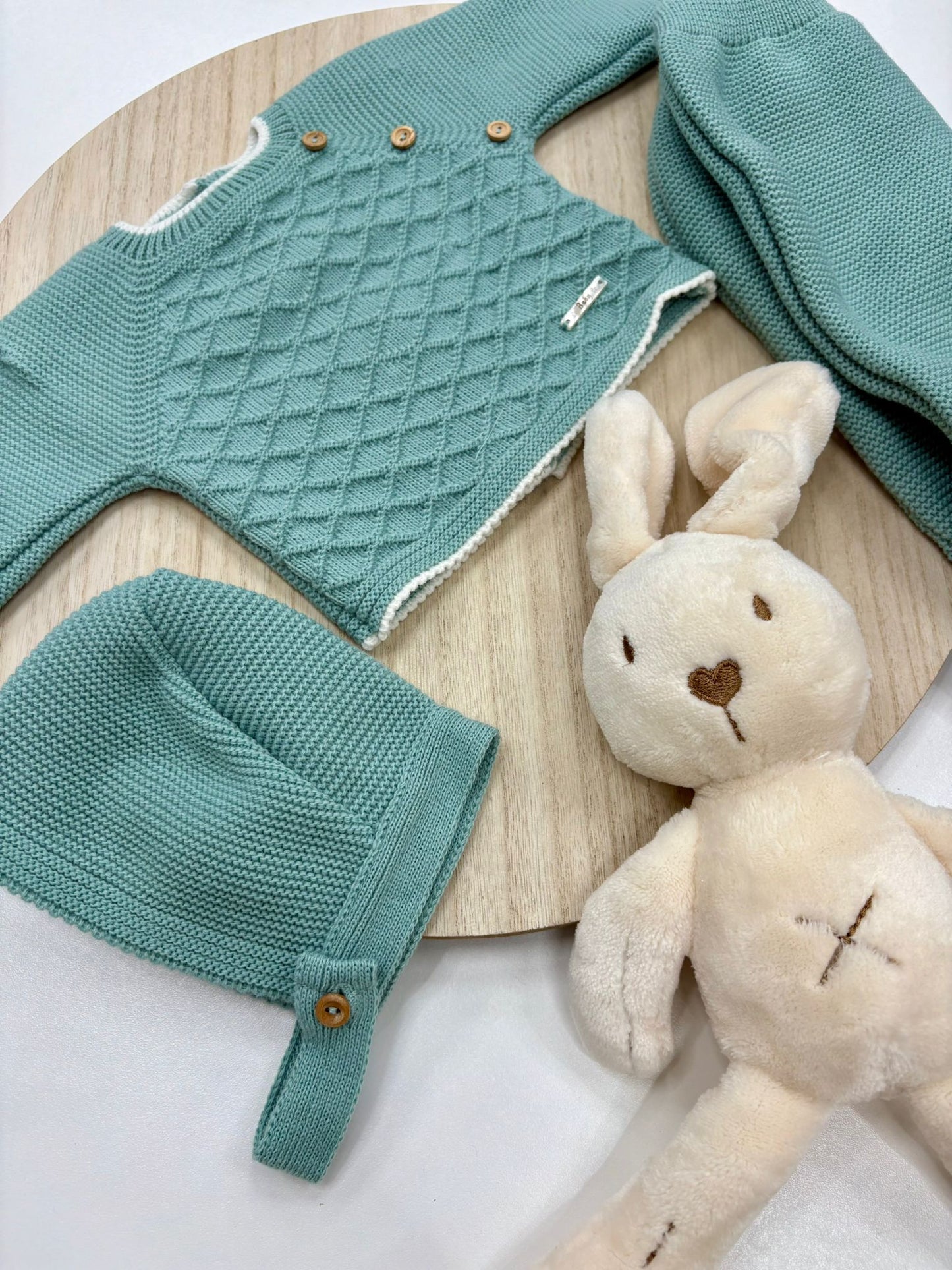 Conjunto primera puesta bebé 3 piezas verde mint con capota y botones laterales – 00 prematuro a 6 meses