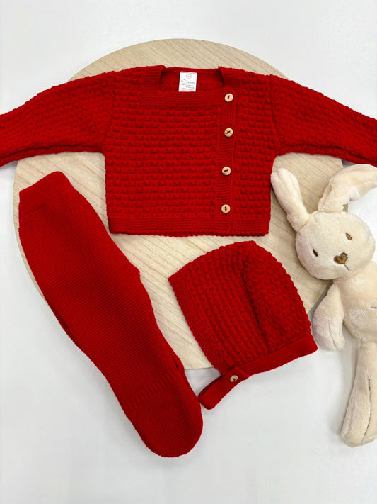Conjunto primera puesta bebé 3 piezas rojo con polaina, chaqueta y capota – 0 a 6 meses