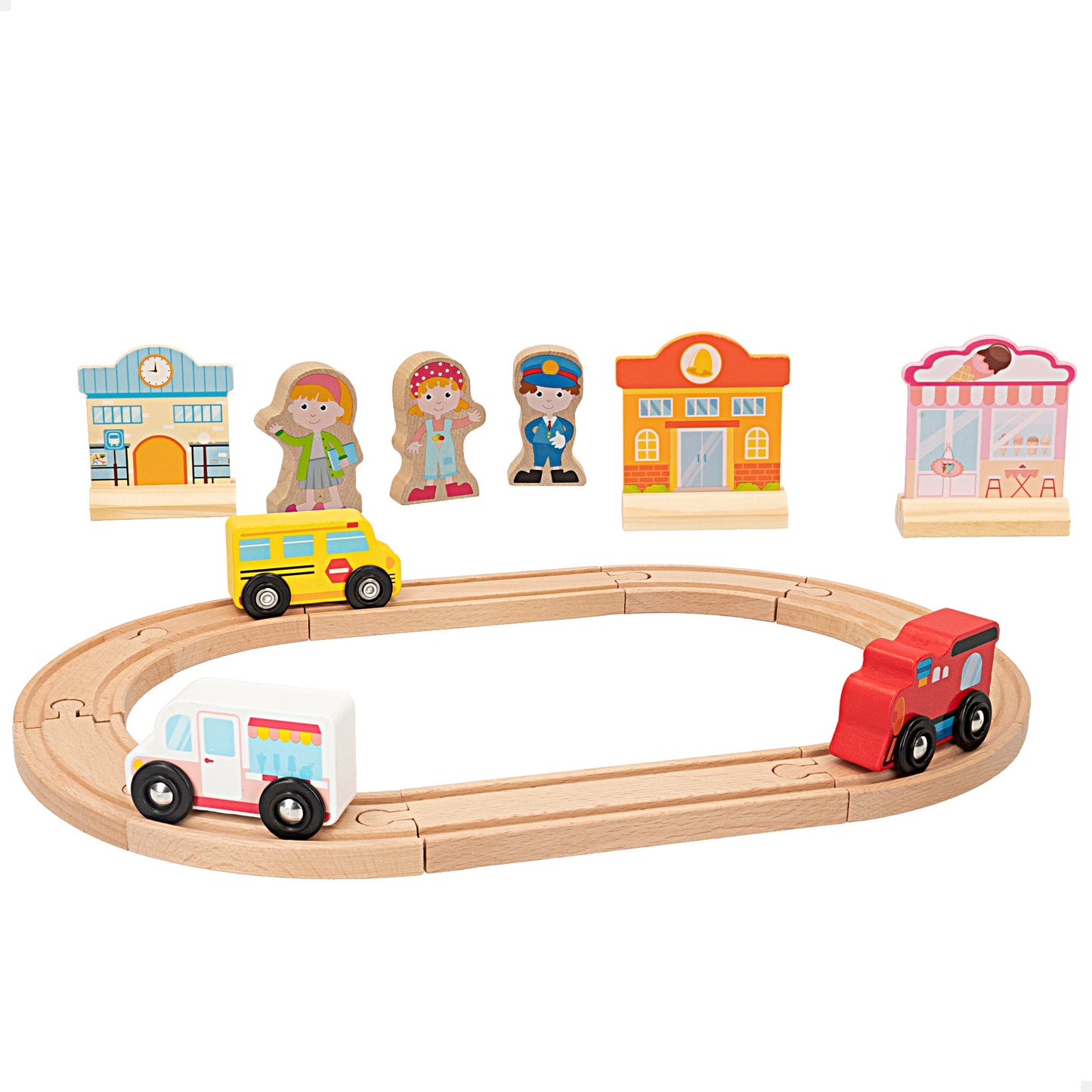 Circuito de Madera con Pista, Vehículos y Figuras (+18 Meses)Woomax