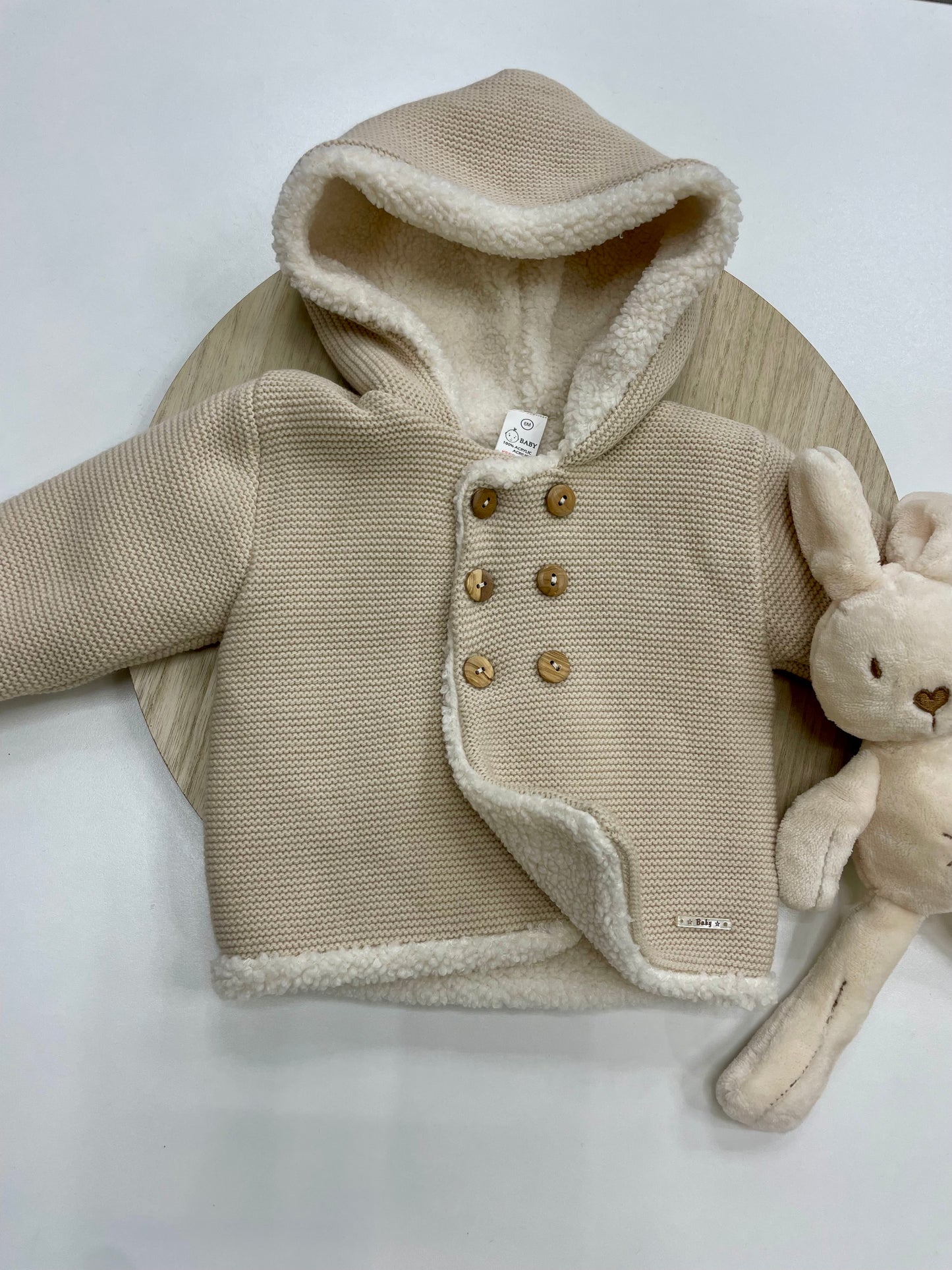 Chaqueta bebé lana crudo con borreguito interior y capucha | Tallas 6-24 meses