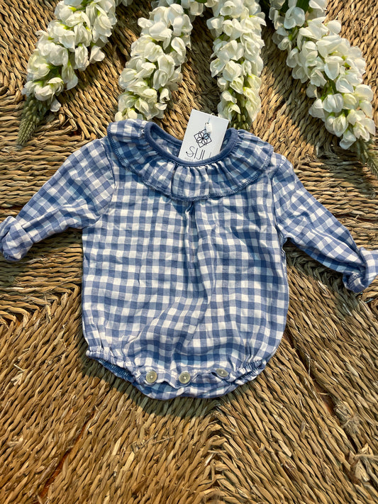 Body Vicky azul pato con volante en el cuello de manga larga