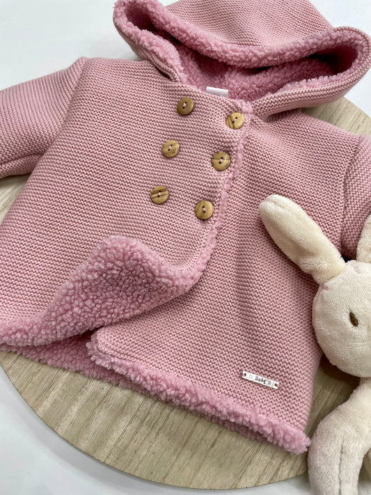 Chaqueta bebé lana rosa empolvado con borreguito interior y capucha | Tallas 6-24 meses
