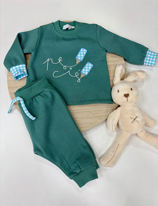 Chándal bebé niño verde agua con lápices Vichy celeste – 6-48 meses