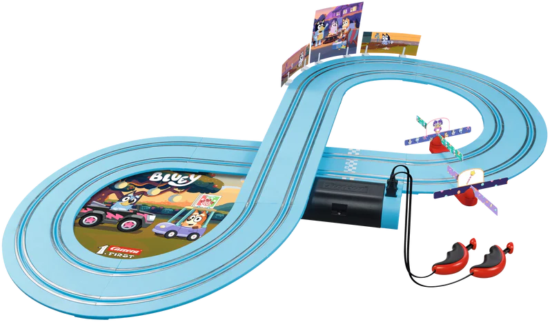 Carrera Bluey y Bingo | Pista de 2,4 m con peonza y decoraciones | +3 años